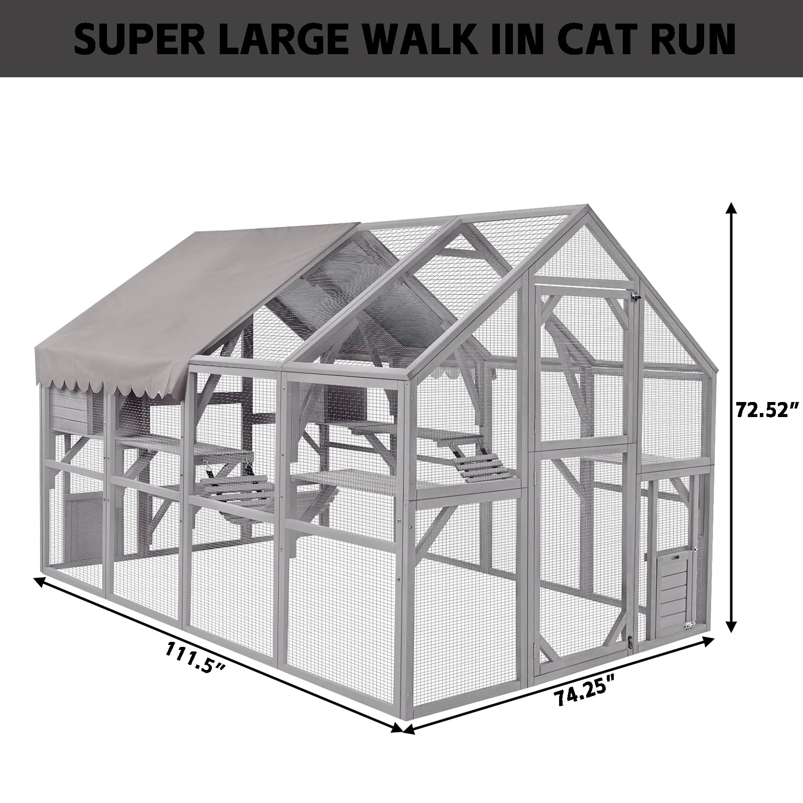 Outdoor Cat Enclosure 110" Large Kitten Playground with Platforms, Upgraded Waterproof Cover - Gray&White