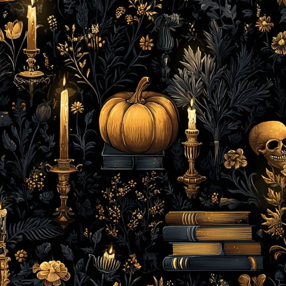 Peel and Stick Wallpaper Vintage Candlelit Pumpkin Books Floral Skeleton Botanicals Wall Mural 23.6in x 9.8ft Self Adhesive Removable Wall Paper Renter Friendly Wallpaper for Bedroom Cabinets
