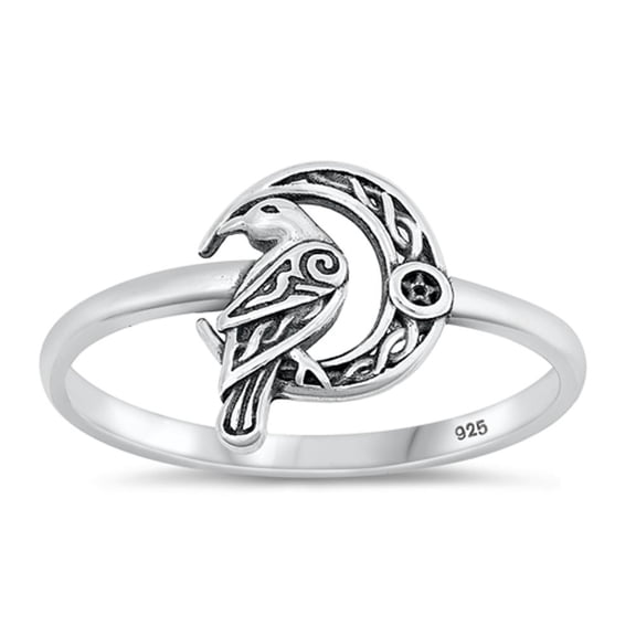 Cute Bird & Moon Ring .925 High Polished Sterling Silver Band Jewelry Female Male Unisex Size 5