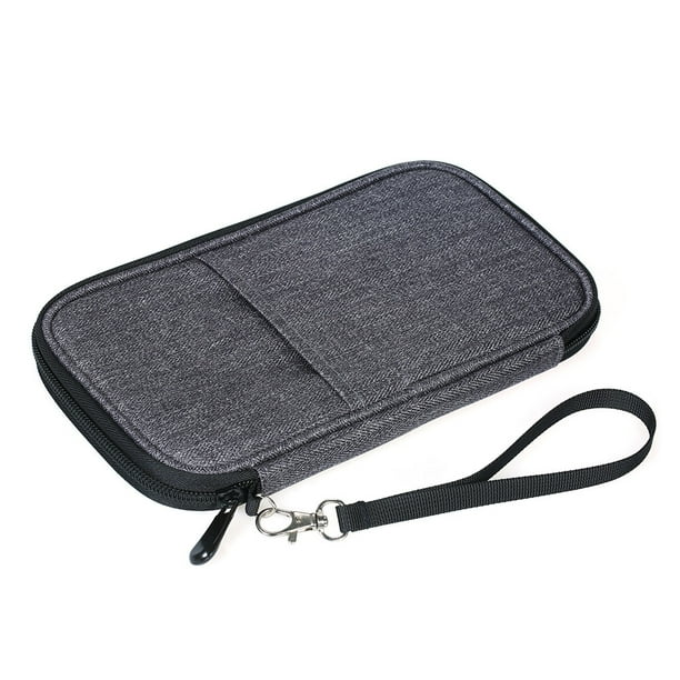 Organizador de viaje premium en gris: Cartera multifuncional para pasaportes, tarjetas y documentos con 13 bolsillos y clip para pluma, ideal para viajes familiares. Diseño compacto y resistente al