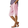thumbnail image 2 of Linen Pants Women Striped Elastic Waist Wide Leg Linen Pants Boho Beach Palazzo Pant Vacation Cropped Pant Summer Pink M, 2 of 9