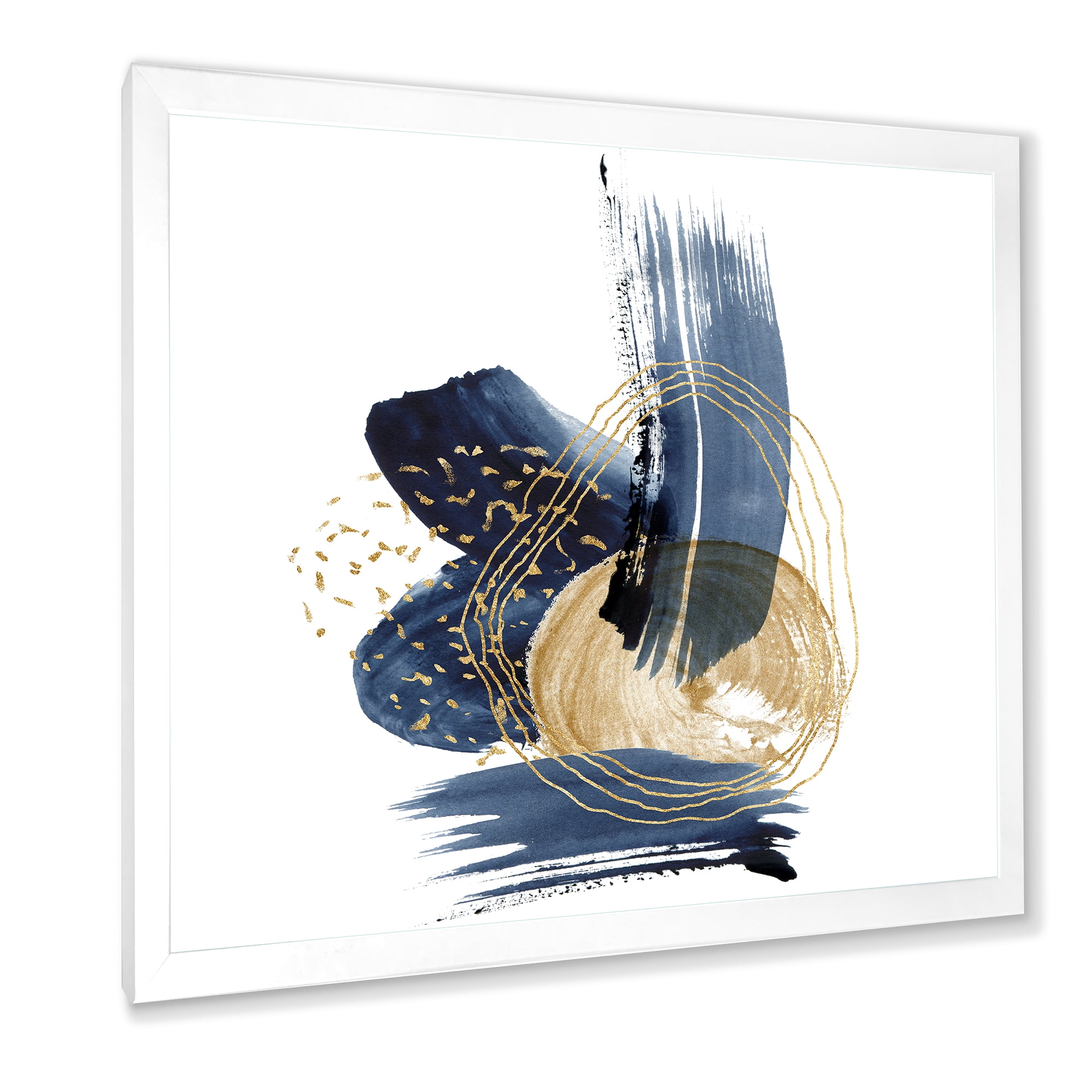Designart 'Gold Strokes and Landscape of Dark Blue Mountains II' Modern Framed Art Print