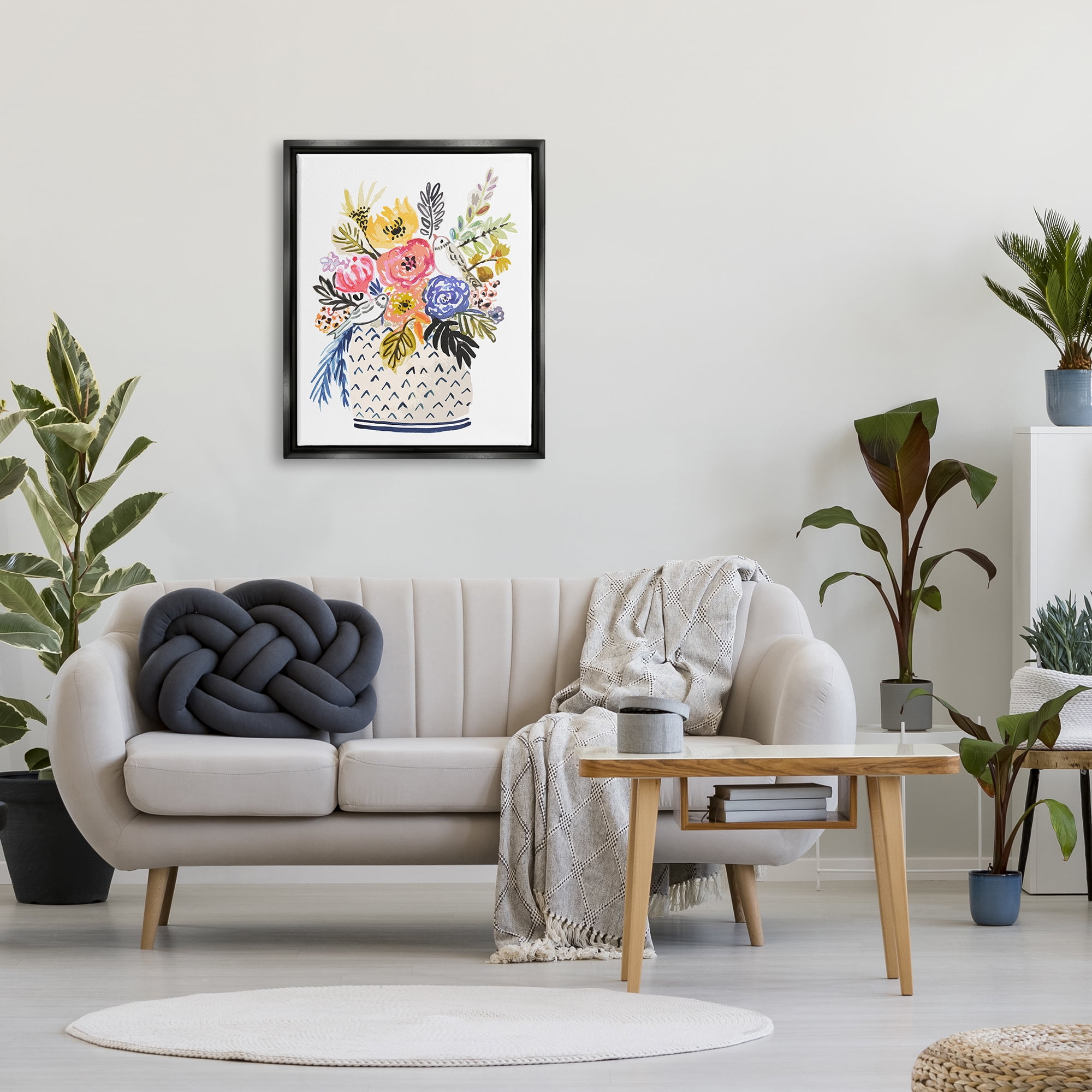 Stupell Birds Perched Fun Floral Blossoms Botanical & Floral Painting Black Floater Framed Art Print Wall Art