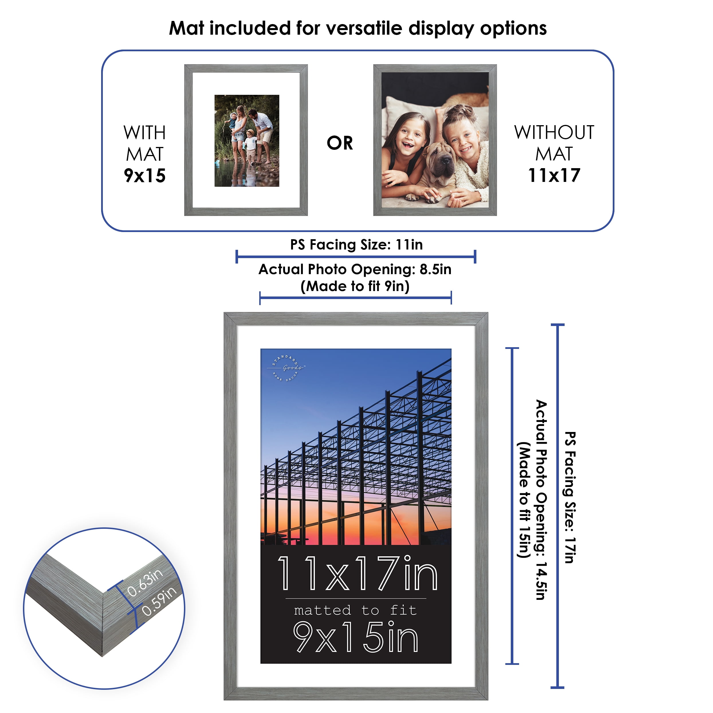 Standard Goods Home Décor 11x17 Matted to 9x15 Grey Linear Picture Frame, 5-Pack for Wall Display.