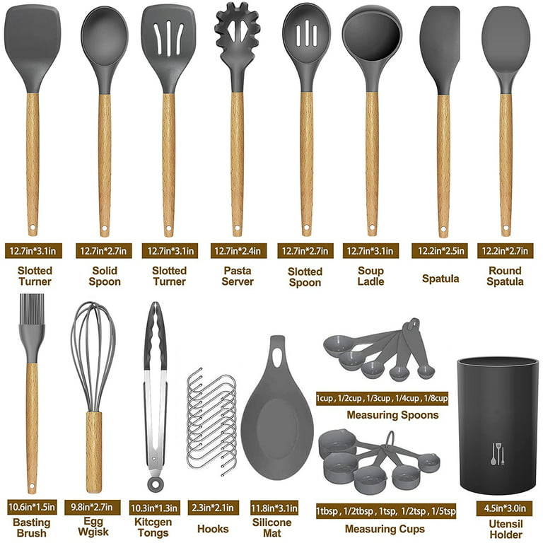 Silicone Cooking Utensils Kitchen Utensil Set, 21 PCS Wooden Handle  Nontoxic BPA Free Silicone Spoon Spatula Turner Tongs Kitchen Gadgets  Utensil Set for Nonstick Cookware with Holder