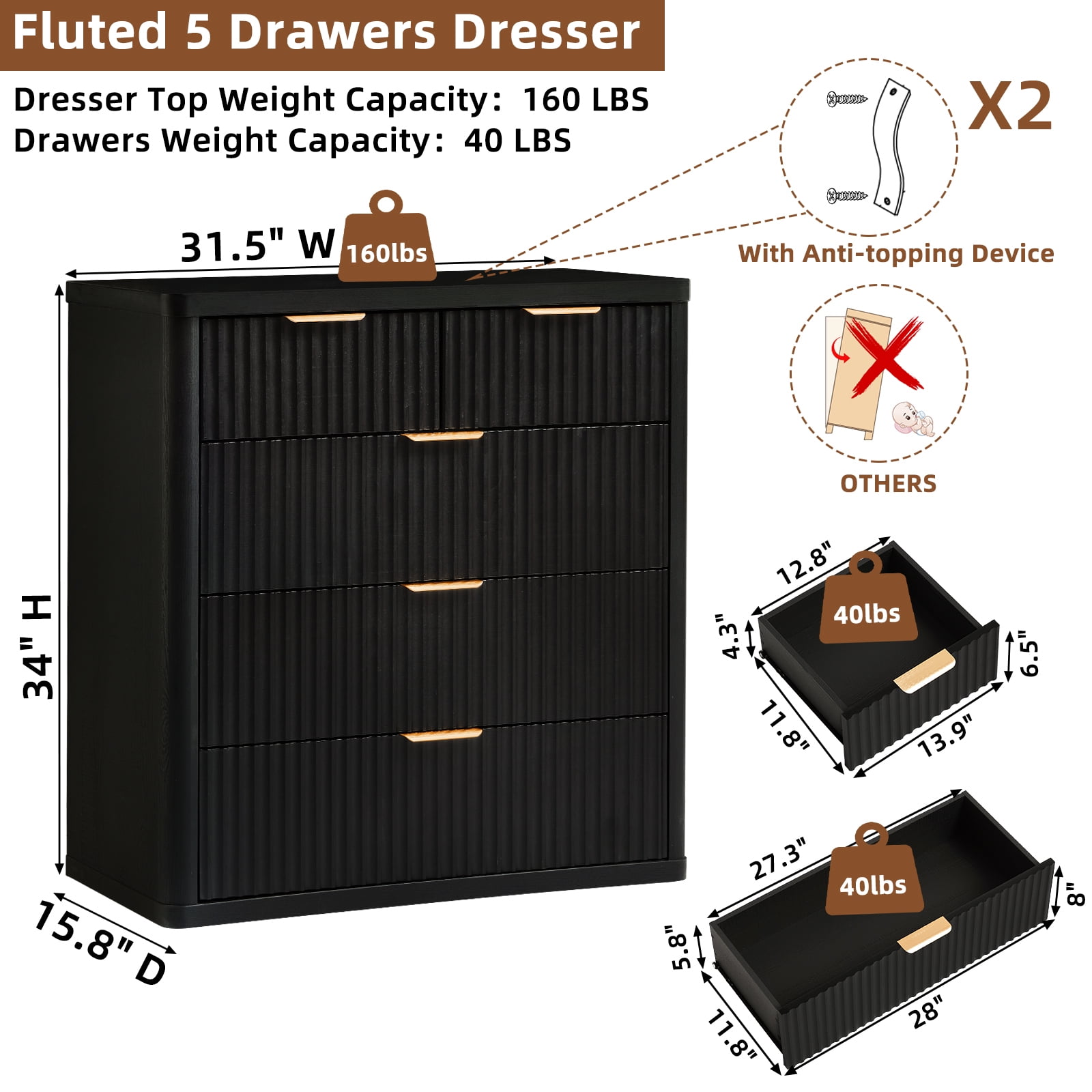 2 Pcs Wood Dresser, 5 Fluted Drawer Dresser for Bedroom, Modern Chest of Drawers with Deep Drawers for Living Room, Hallway, Entryway, Black