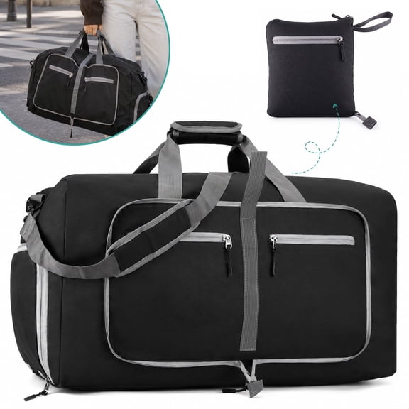 Topsome Foldable Duffle Bag for Travel, 65L Large Duffel Bag with Shoes Compartment, Waterproof, Black