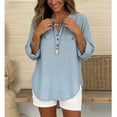 thumbnail image 5 of WHLBF Blouse for Women Lace Sleeve Round Neck Casual Solid Color Loose Linen Top Light Blue XXL, 5 of 5