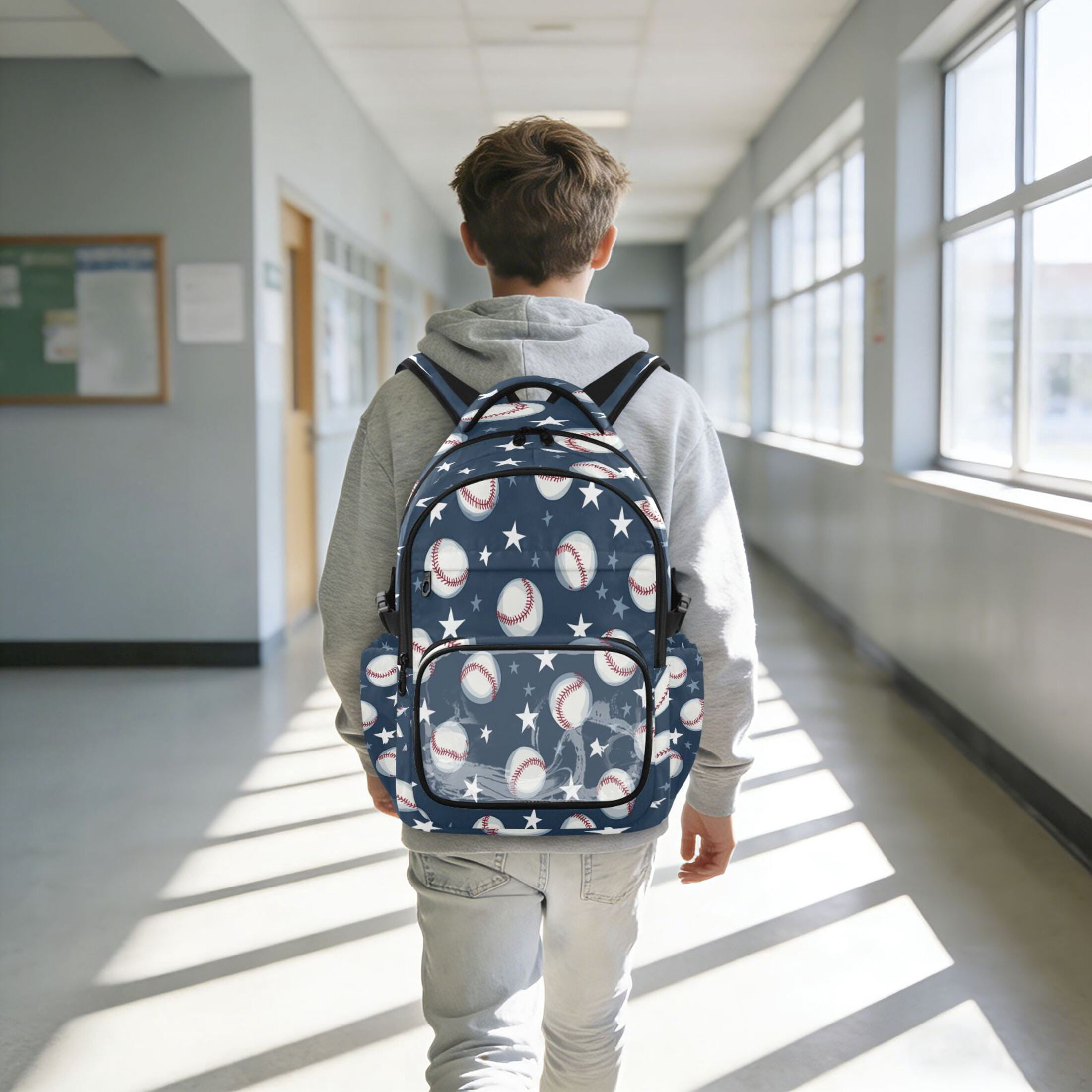 PVC Casual Backpack 25L Daypack with Laptop Compartment Lightweight Travel Backpack for Work Outdoor Activities Baseball Stars Pattern