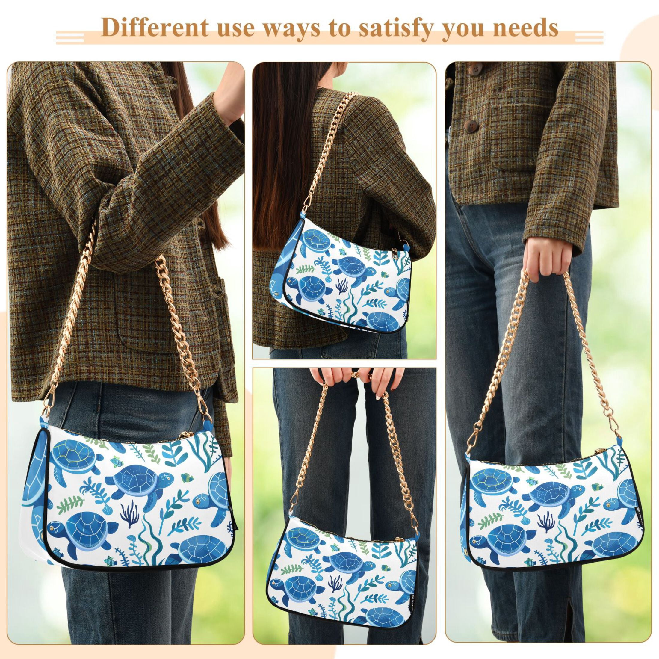 Ryvnso Turtles with Seaweed Womens Chain Shoulder Bag Tote Handbags Clutch Hobo Purse with Zipper for Travel