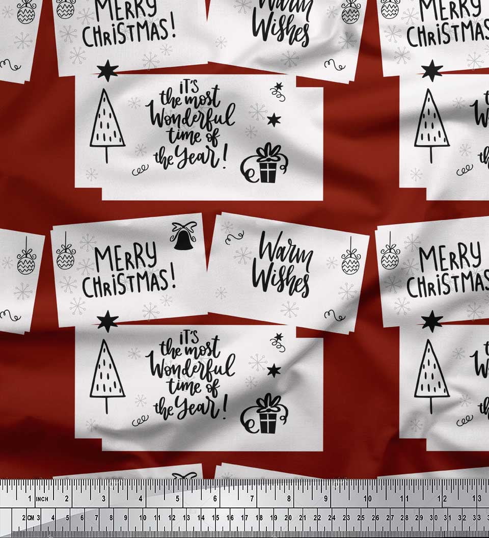 Soimoi Red Heavy Satin Fabric Tree & Merry Christmas Text Print Fabric by the Yard 54 Inch Wide