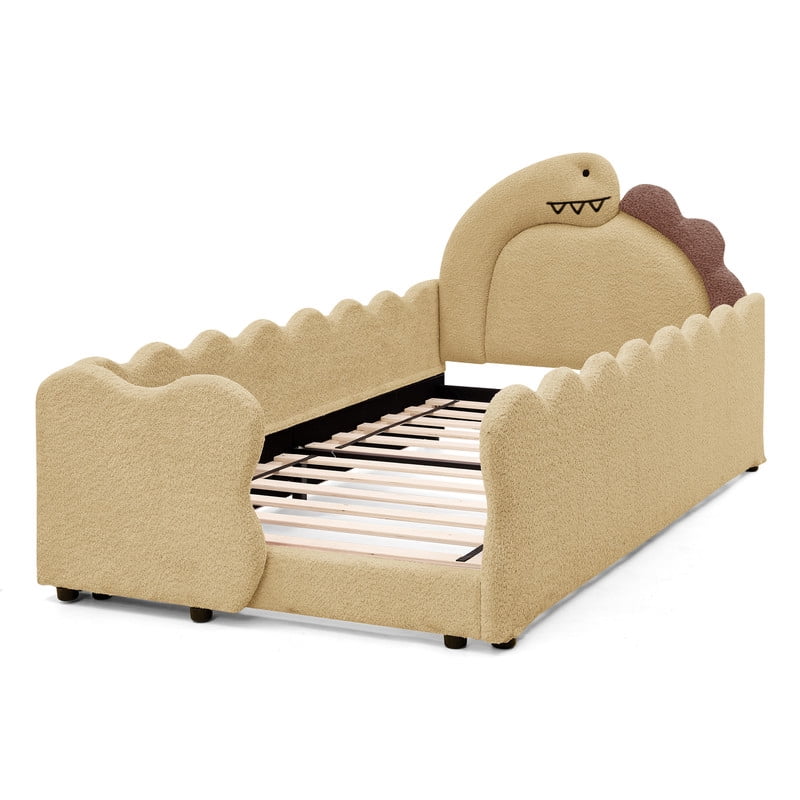 Twin Size Upholstered Platform Bed with Dinosaur Shaped Headboard, Boucle Fabric Kids Bed with Slats Support, Space-Saving Daybed for Girl, Boy, Teenager