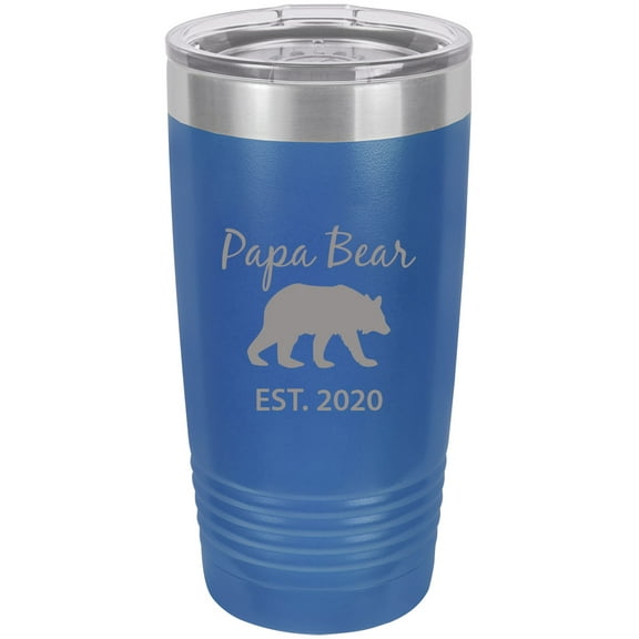 Papa Bear Established Est. 2020  Established Est. 2019  Stainless Steel Engraved Insulated Tumbler 20 Oz Travel Coffee Mug, Blue
