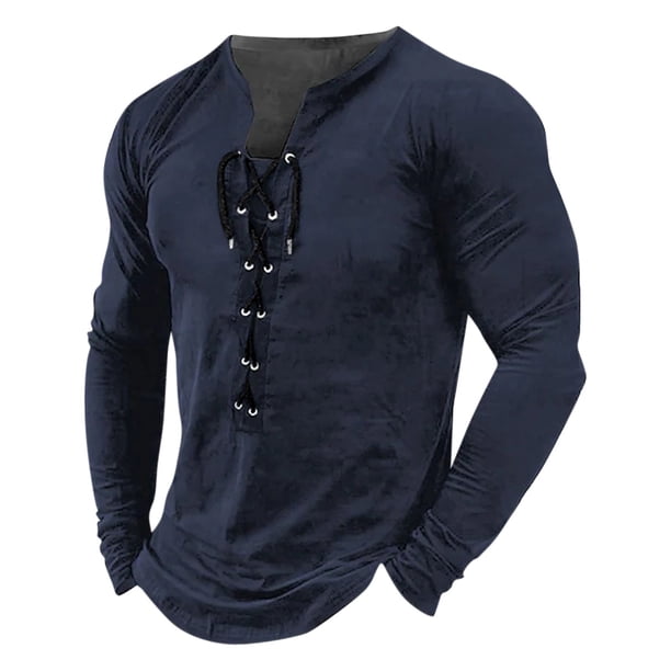Men's Outdoor Vintage Lace-up Hooded Long-sleeved T-shirt Autumn Plain Casual Top M