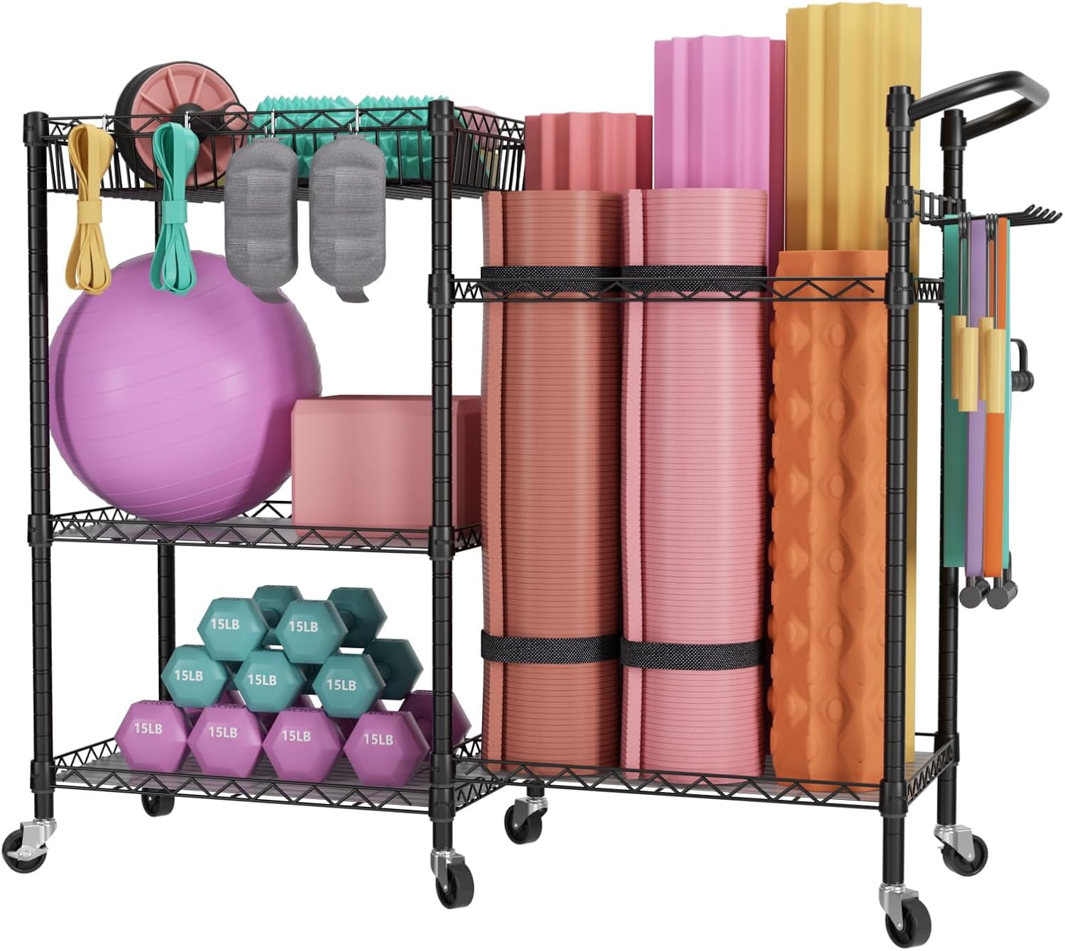 Dumbbell Rack Stand With Yoga Mat Storage, Gym Equipment Organizer, Cart With Hooks and Wheels