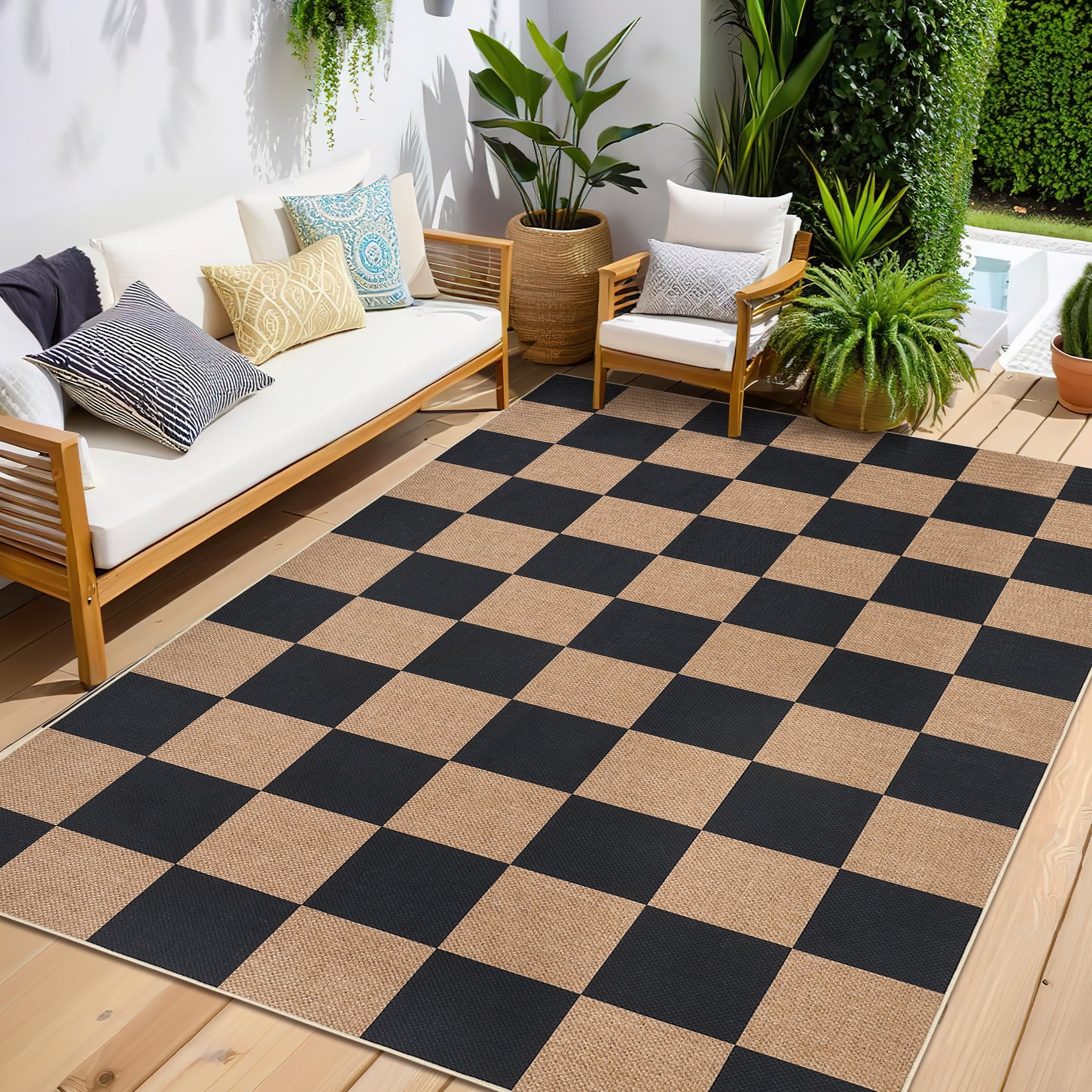 GlowSol Easy Jute 9x12 Washable Rug Non-Slip Checkered Accent Carpet Ultra-Thin Non-Shedding Foldable Carpet Modern Geometric Rugs for Bedroom Brown