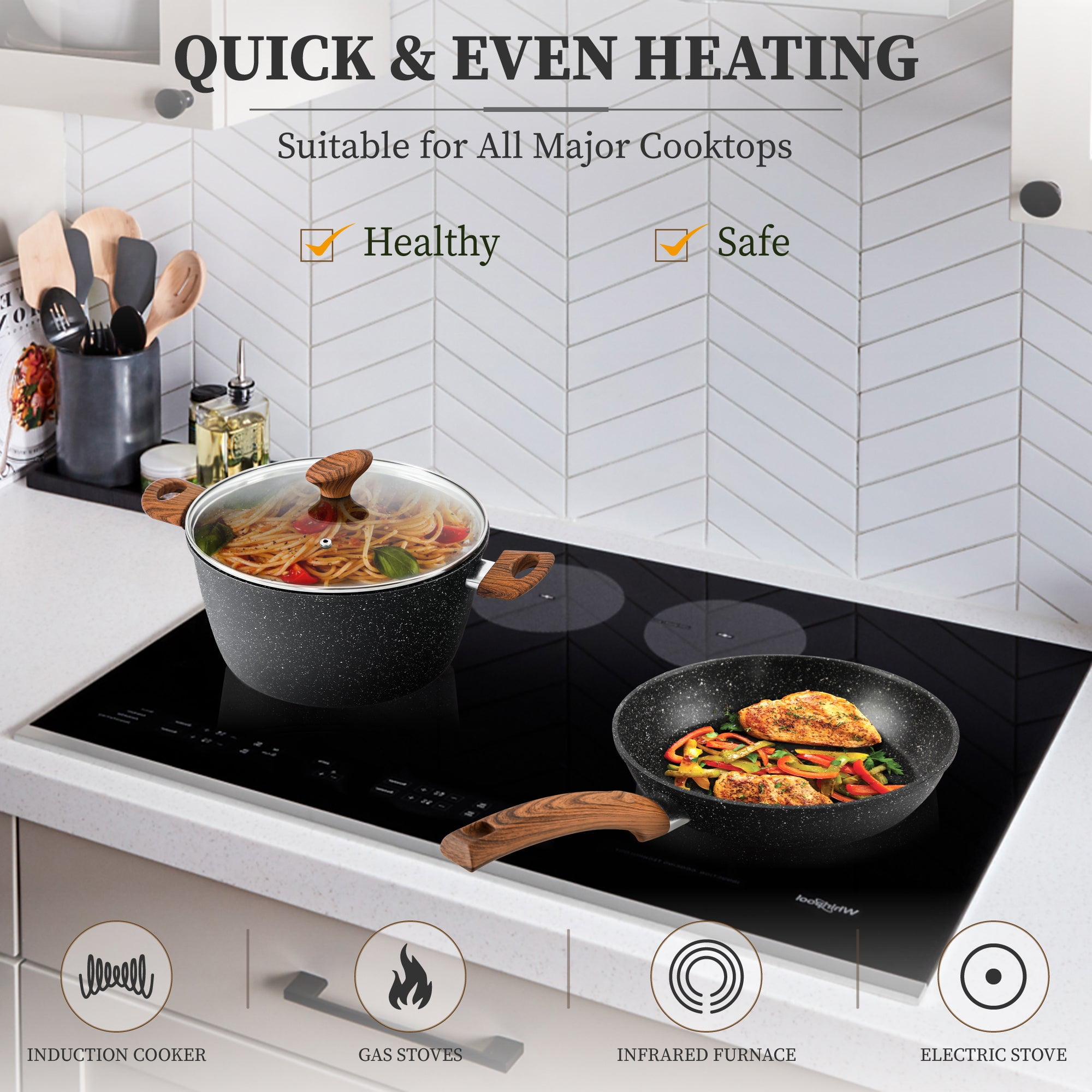 Sophia & William 17 Pieces Cookware & Bakeware Set Granite Non-stick Aluminum Pots and Pans, Black