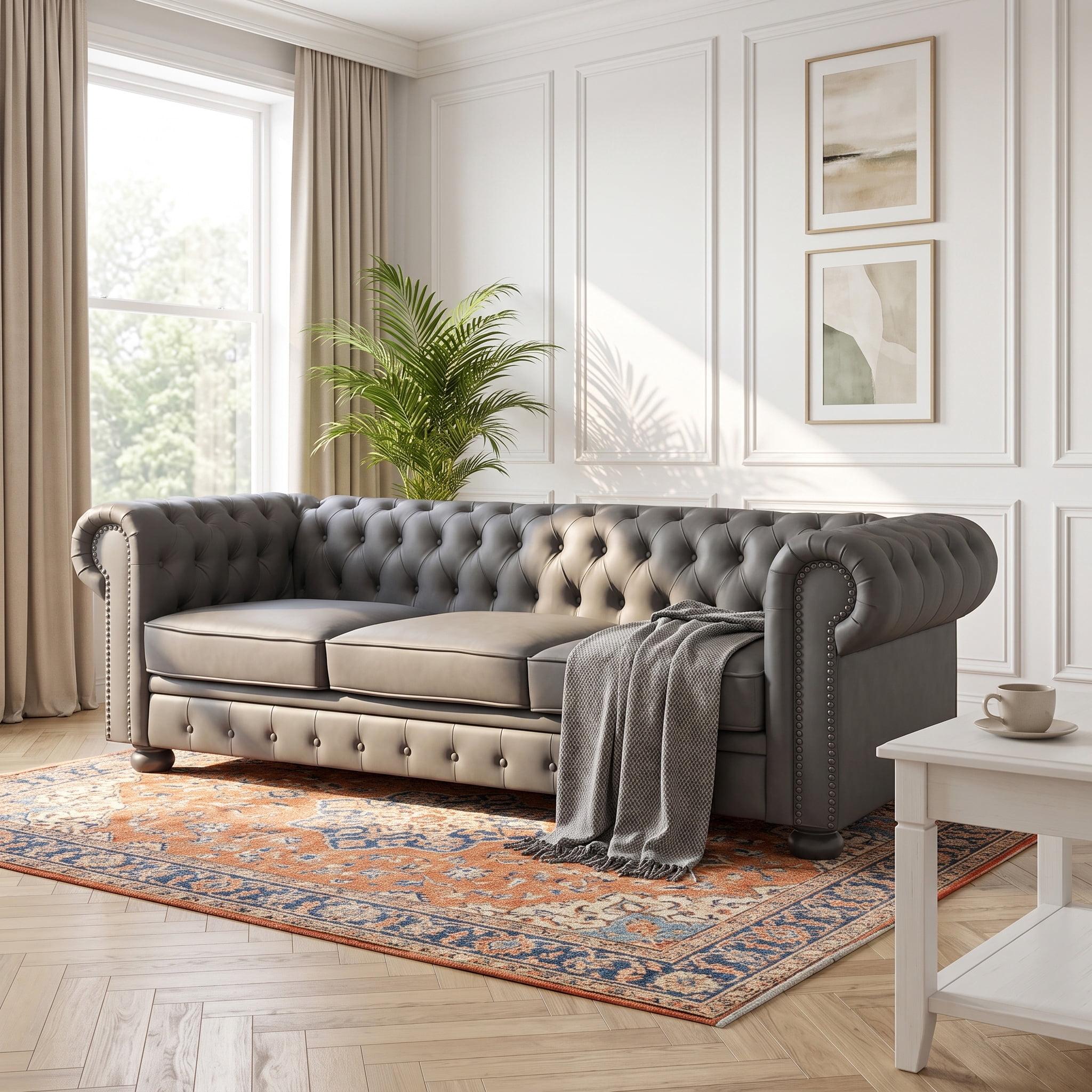 81" Dark Grey Chesterfield Faux Leather Sofa, Rolled Arm 3 Seater Couch, Button Tufted Back, Nailhead Trim, Individual Cushions, Solid Wood Legs for Living Room, Office, Apartment