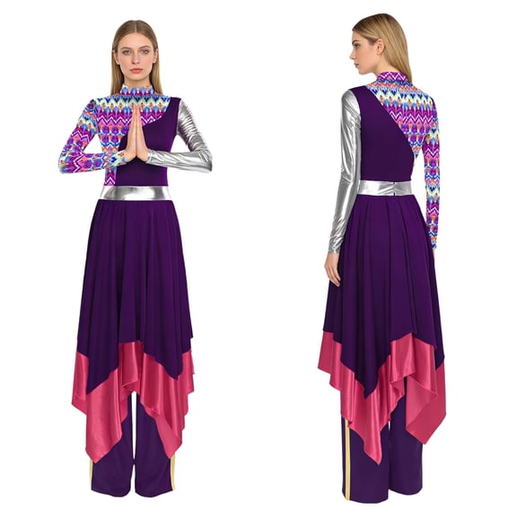 Aislor Women's Liturgical Praise Dance Outfits Camouflage Print Dress with Wide Leg Pants Worship Dancewear Purple L