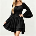 thumbnail image 4 of KICILVS Halloween Dresses for Women Plain Square Neck Flare Sleeve Dress Ruched Bust Layered Hemline Mini Party Gown Black, 4 of 8