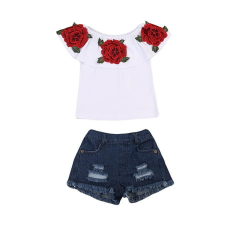 

Caitzr Kids Baby Girls Flower Print Ruffled Off Shoulder T-shirt Ripped Denim Shorts Set