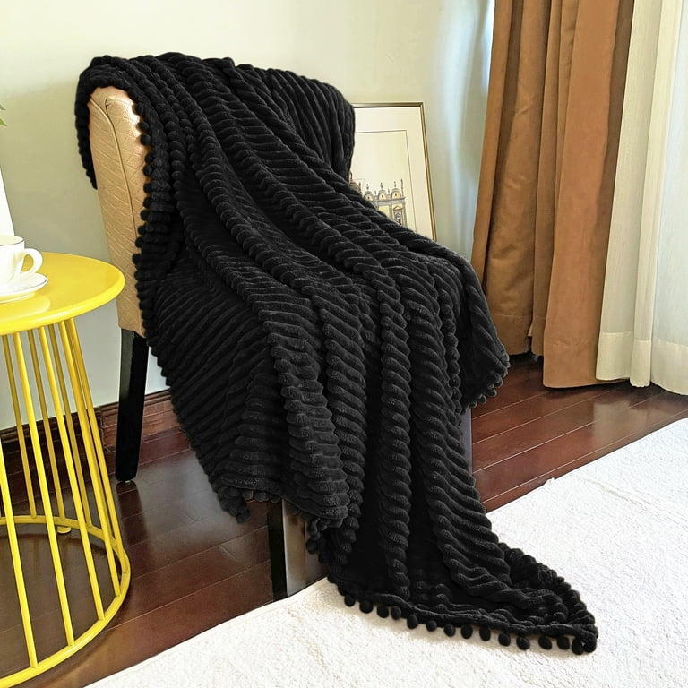 DISSA Flannel Fleece Blankets with Pompom Fringe Lightweight Soft Throw Blanket Fit Sofa Queen Bed Black 90x90 Walmart