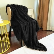 DISSA Flannel Fleece Blankets with Pompom Fringe Lightweight Soft Throw Blanket Fit Sofa Twin Bed(Black,60x80")