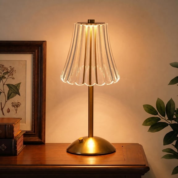 Cordless Table Lamp, Rechargeable Battery Powered LED Desk Lamp, 3 Color Temperatures & Stepless Dimmable, Pleated Crystal Lampshade Portable Night Lamp