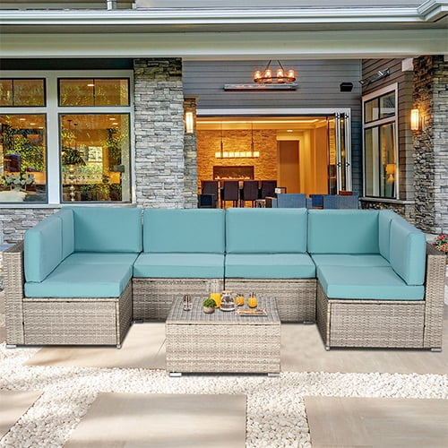 7 Piece Rattan Sectional Sofa Set, Outdoor Conversation Set, All-Weather Wicker Sectional Seating Group with Cushions & Coffee Table, Morden Furniture