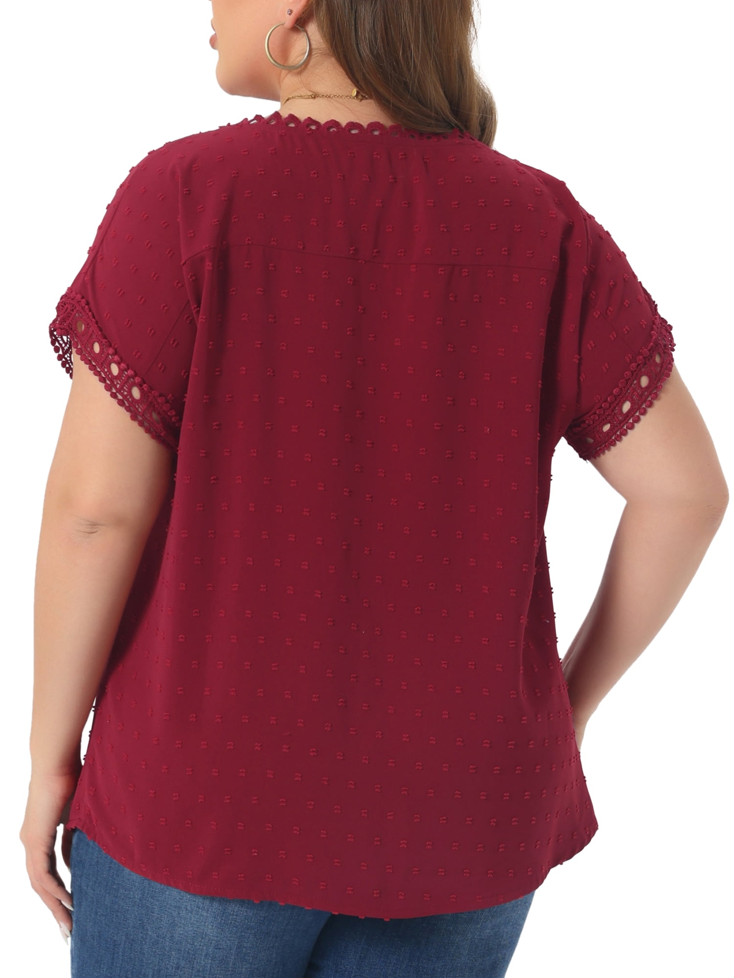 Women's Plus Tops with Swiss Dots Crew Neck Short Sleeve Casual Blouses 4X Burgundy