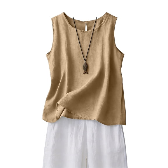 Cotton Linen Tank Tops for Women Summer Casual Comfy Sleeveless Linen Shirts Loose Lightweight Gauze Cami Khaki M