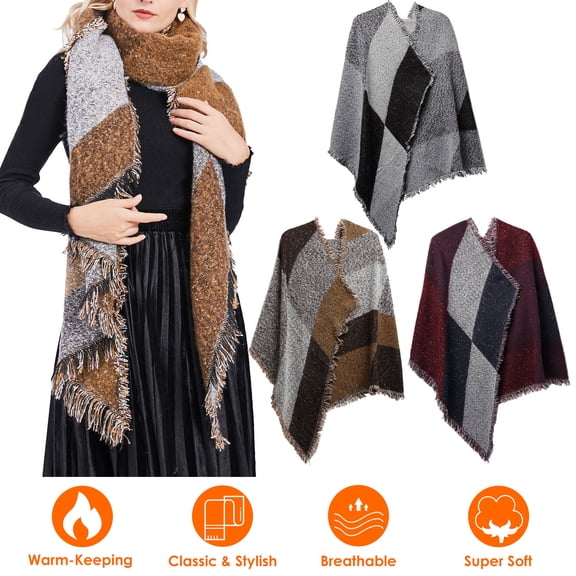 74.8x25.6In Women Winter Warm Scarf, Long Soft Knitted Shawl Extra Thick Plaid Blanket Wrap Cape