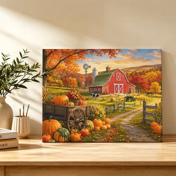 Fall Farmhouse Canvas Wall Art, Rural Red Barn Pumpkins Windmill Rustic Wall Art Prints Artwork Framed Canvas Ready to Hang Art Pictures for Bedroom Living Room Closet Kitchen 16" x 12"