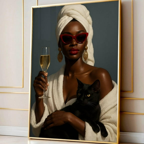 PosterArt Stylish Black Woman Poster, Fashionable Bathroom Printable, Glam Modern Old Money Aesthetic Wall Art, 8x12 UNFRAMED