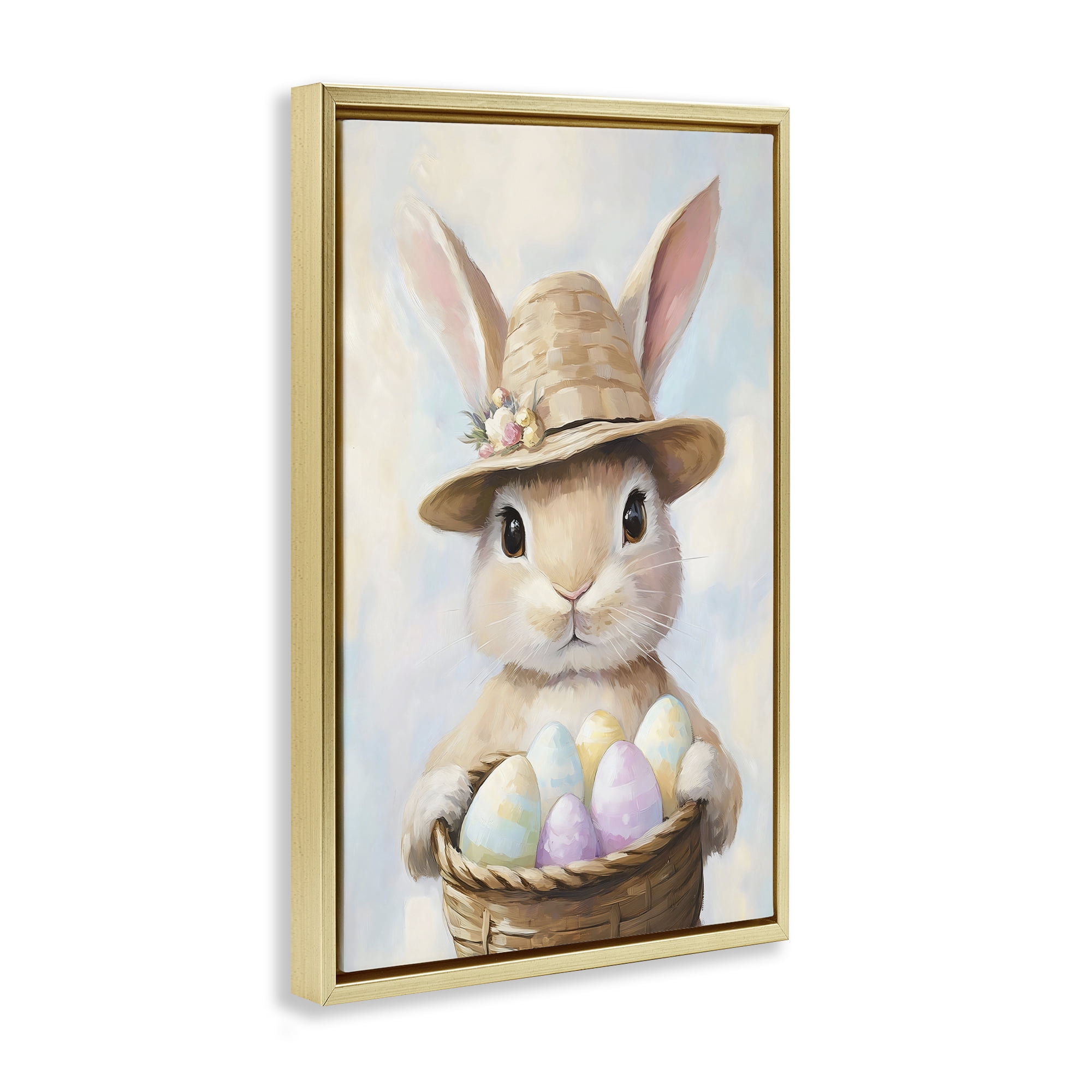 Stupell Industries Bunny with Easter Egg Basket Gold Framed Floater Canvas Wall Art, design by The Prints Vibe