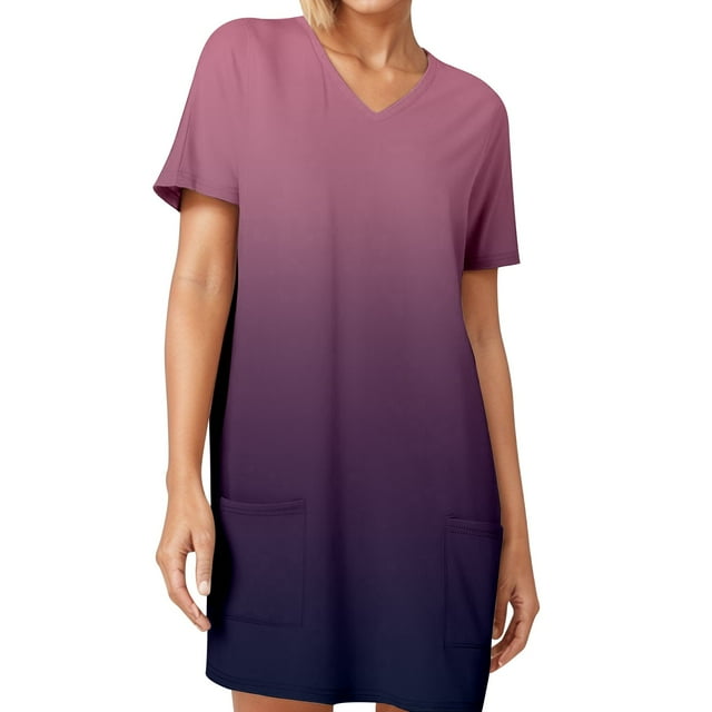 Vestido informal holgado de manga corta con estampado y bolsillos, cuello en V: estampado elegante, bolsillos funcionales, corte holgado.