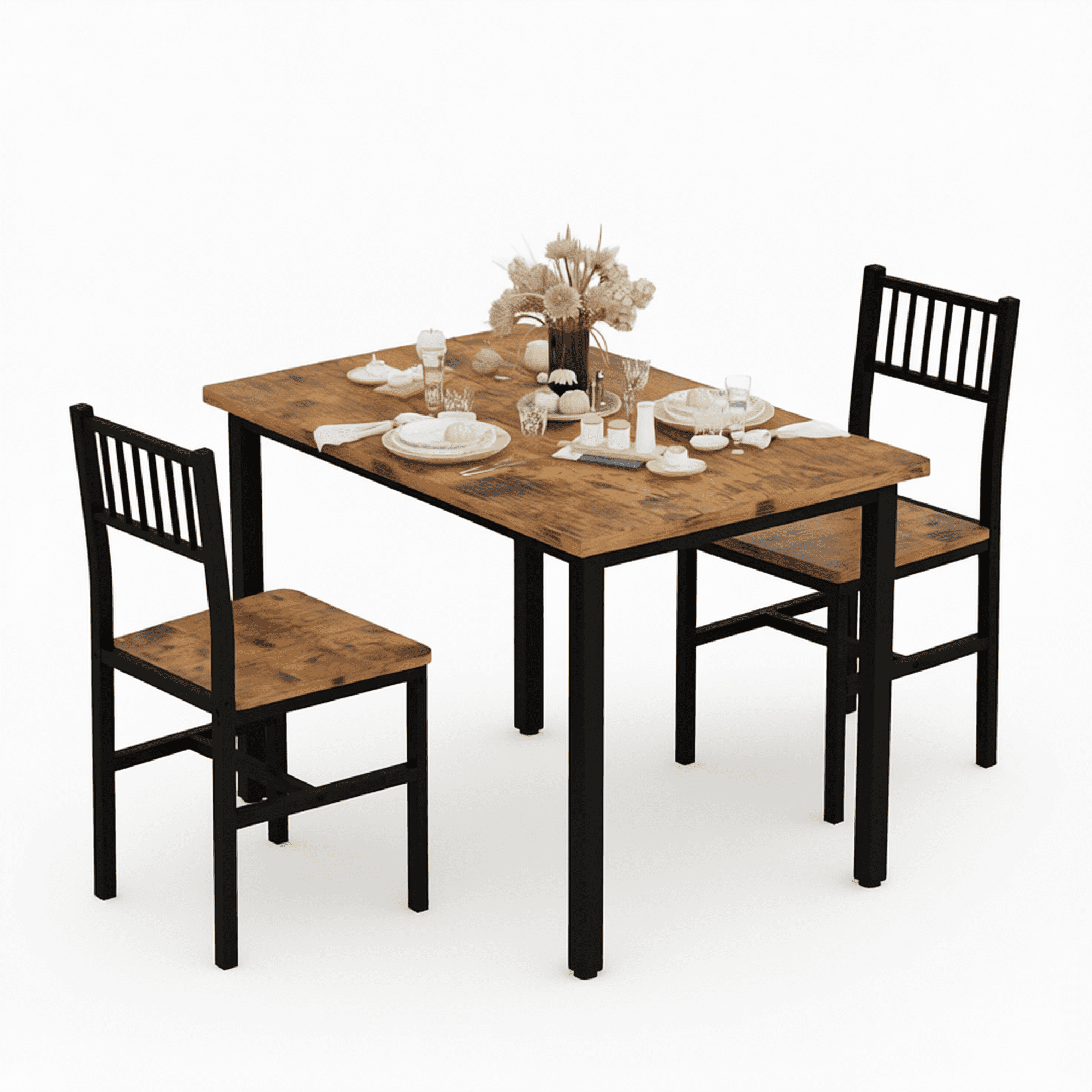 Small Kitchen Table Set for 2 Industrial Dining Breakfast Table and 2 Chairs 3-Piece Dining Set for Dining Room Living Room Apartment Small Space Retro Brown