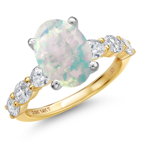 Gem Stone King 14K Two Tone Gold Simulated White Opal and Lab Grown Diamond Engagement Ring for Women | 2.90 Cttw | Oval Cabochon 11X9MM | Gemstone October Birthstone | Size 5