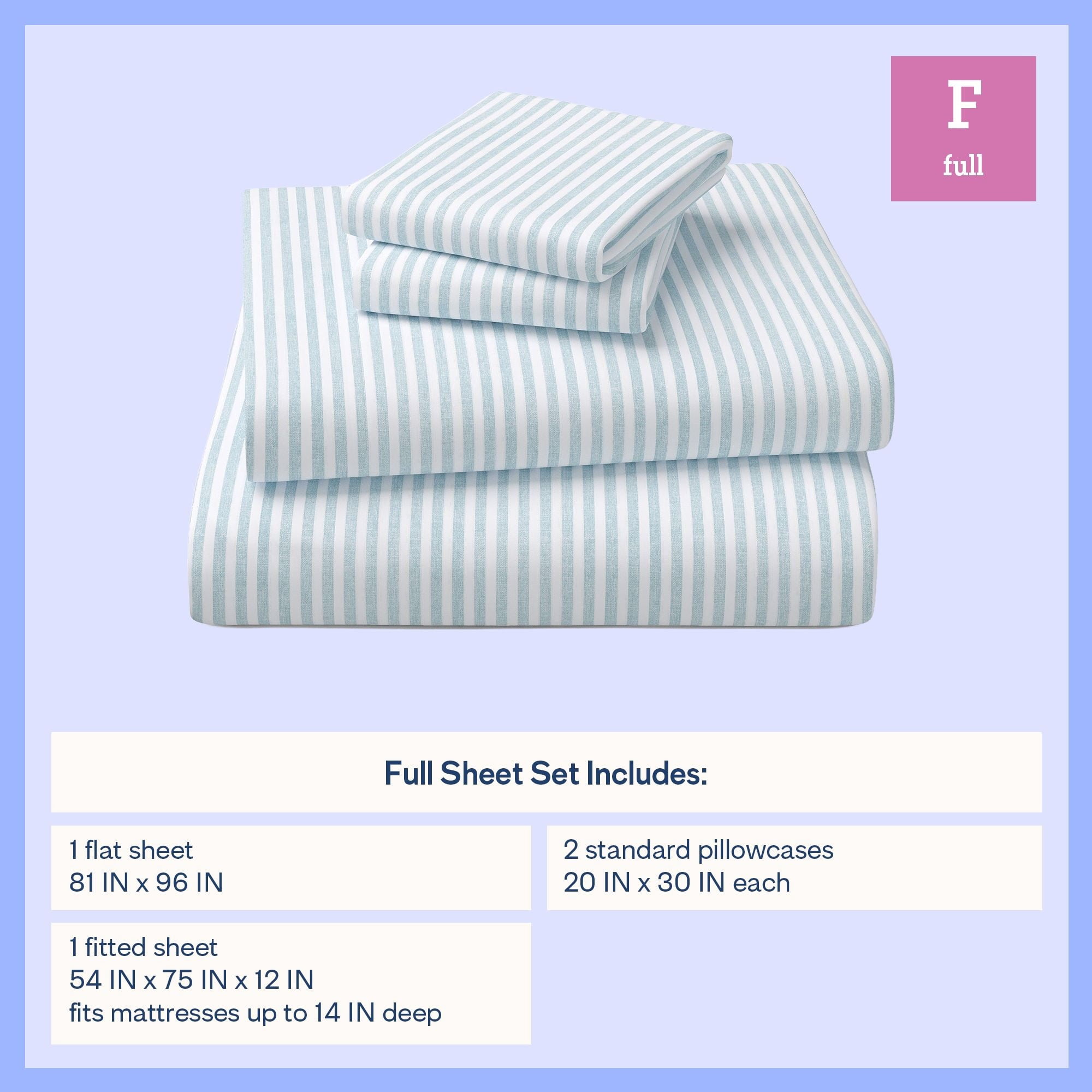 Mainstays Kids Microfiber Bed Sheet Set, Full, Aqua Stripe, 4 Pieces
