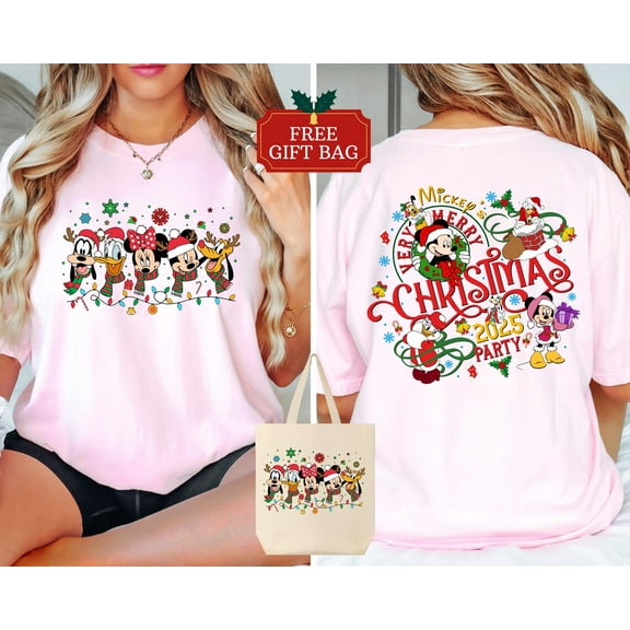 Mickey's Very Merry Christmas Party 2025 T-Shirt, Disney Santa Mickey And Friends Family Christmas Lights Shirt
