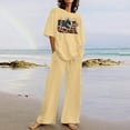 thumbnail image 2 of YABCSAZ Summer Outfits for Women Short Sleeve Casual Loose Printed Tops and Solid Color Drawstring Wide Leg Pants Athletic Sportswear 2 Piece Outfits, 2 of 5