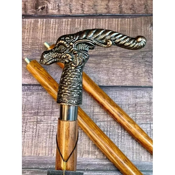 NAUTICALMARTUS BY Nautical AL Dragon Walking Stick Brass Finish Wooden Cane Antique Head Handle Style Gift