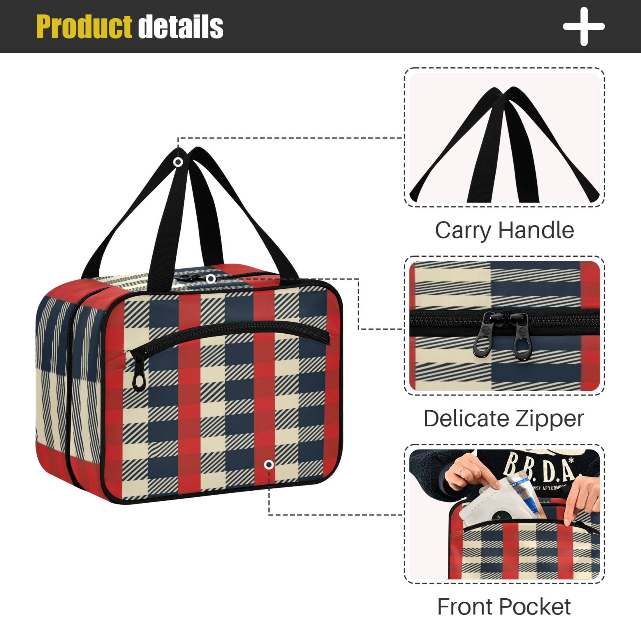 Travel Toiletry Bag with Metal Hook Large Capacity Cosmetic Bag Toiletry Bags for Travel, Gym, Camping Red Plaid Pattern