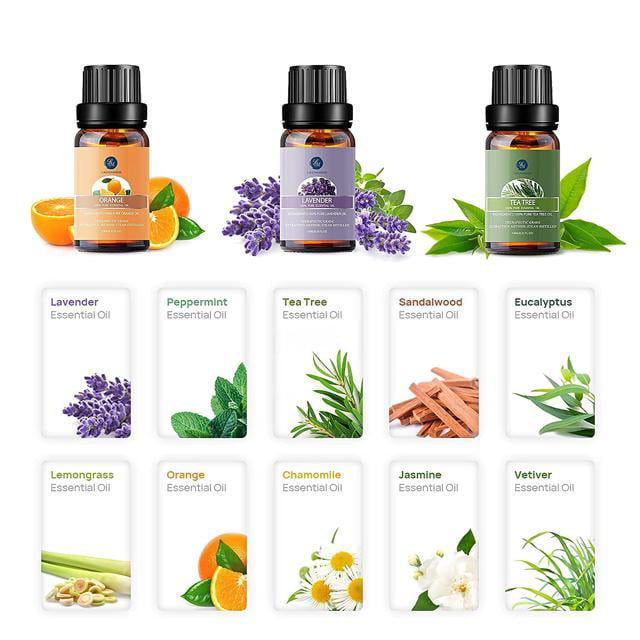 LAGUNAMOON™ Fragrance Essential Oils w/ Travel Bag, 10 Pc Set Pure  Aromatherapy Oils: Tea tree, Lavender, Peppermint, Eucalyptus, Sandalwood,  