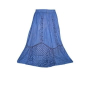 Mogul Womens Long Skirt Blue Embroidered A-line Festive Evening Skirts