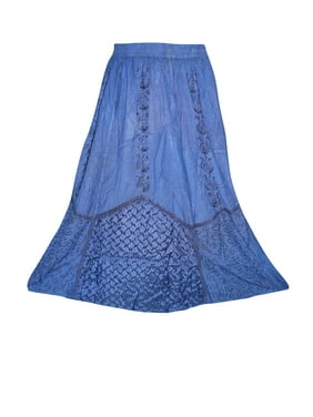 Mogul Womens Long Skirt Blue Embroidered A-line Festive Evening Skirts
