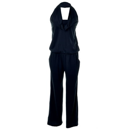 S/M Fit Black Solid Sexy Secretary Cowlneck Halter Long Pants Jumpsuit