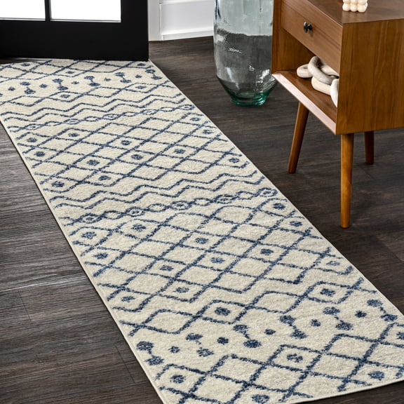 JONATHAN Y MOROCCAN HYPE 2 x 8 Runner Rug, Aksil Moroccan Beni Souk - Cream/Navy, MOH208F-28