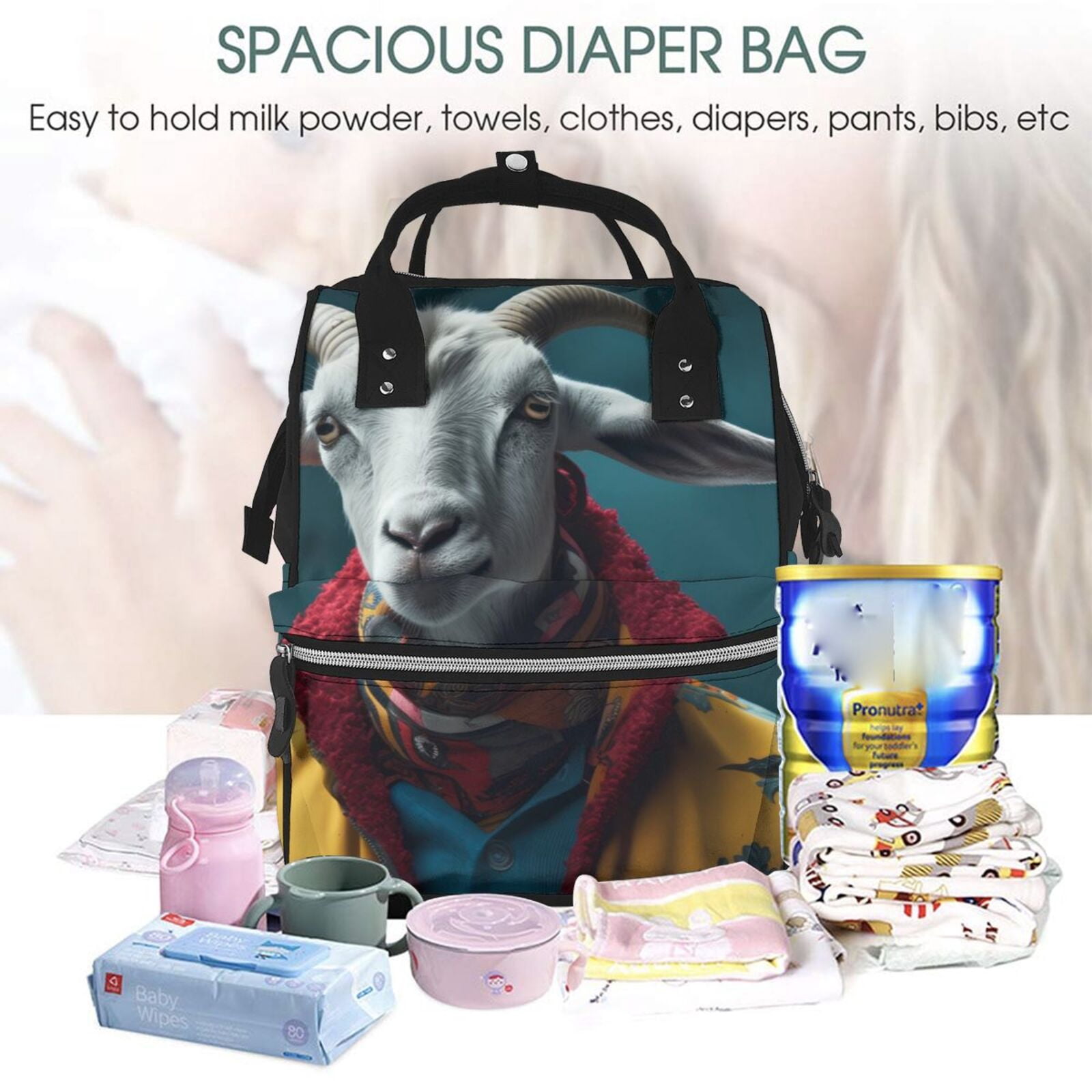 Fuzoiu Surrealist Goat Print Diaper Bag Backpack,Baby Essentials Travel Tote,Multi function Waterproof Diaper Bag, Travel Essentials Baby Bag - Unisex