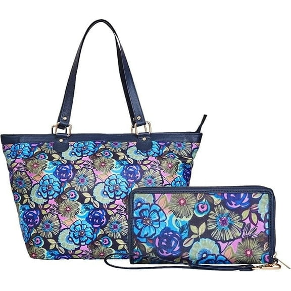 Sishka Women’s Hand Crafted Printed Nylon & Leather Tote Bag with Matching Wristlet Wallet – Elegant Shoulder Handbag Set